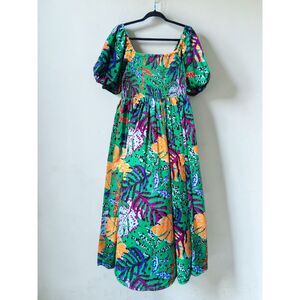 Cato Size Large Tropical Floral Smocked Puff Sleeve Dress - Green & Orange